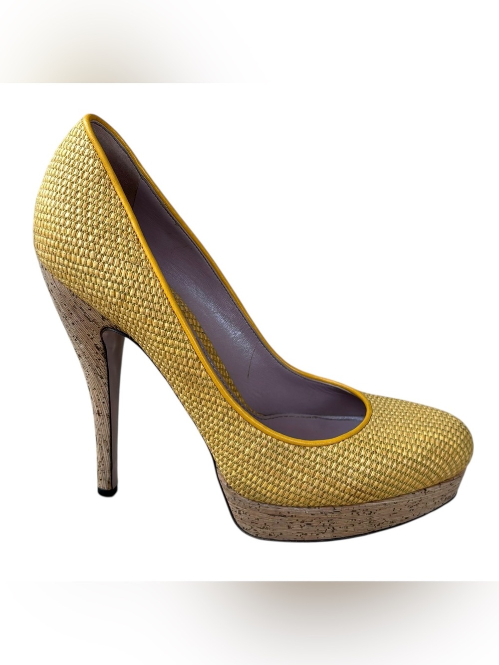 GUCCI Bumblebee Yellow Woven Jute & Cork Platform Heels